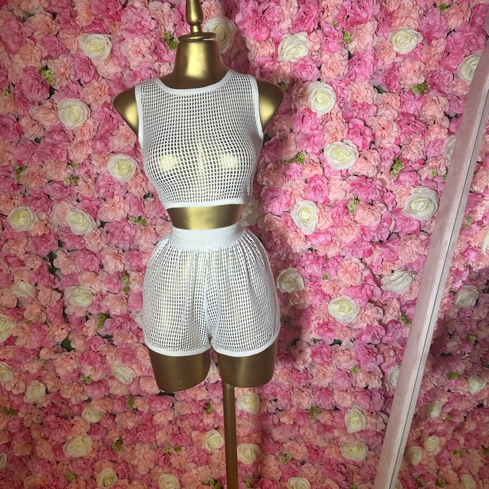 White Mesh Two-Piece Swimsuit Cover Up Set